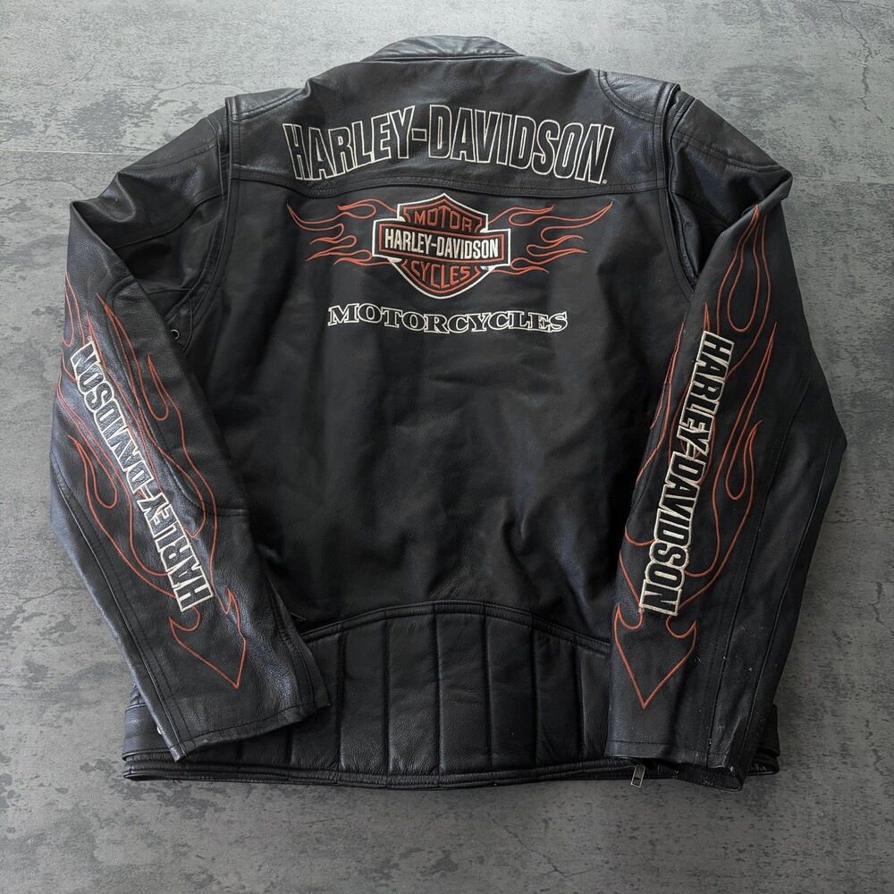Harley Davidson Riding Gear Black Leather Jacket Sz M Flames Grunge Embroidered